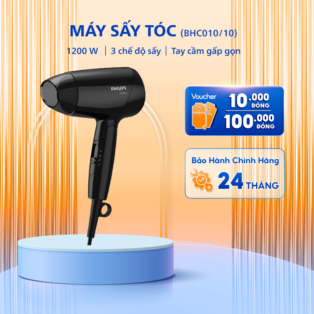 Máy Sấy Tóc PHILIPS BHC010/10, Công Suất 1200 W, Tây Cầm Gấp Gọn, Bảo Hành Chính Hãng 24 Tháng
