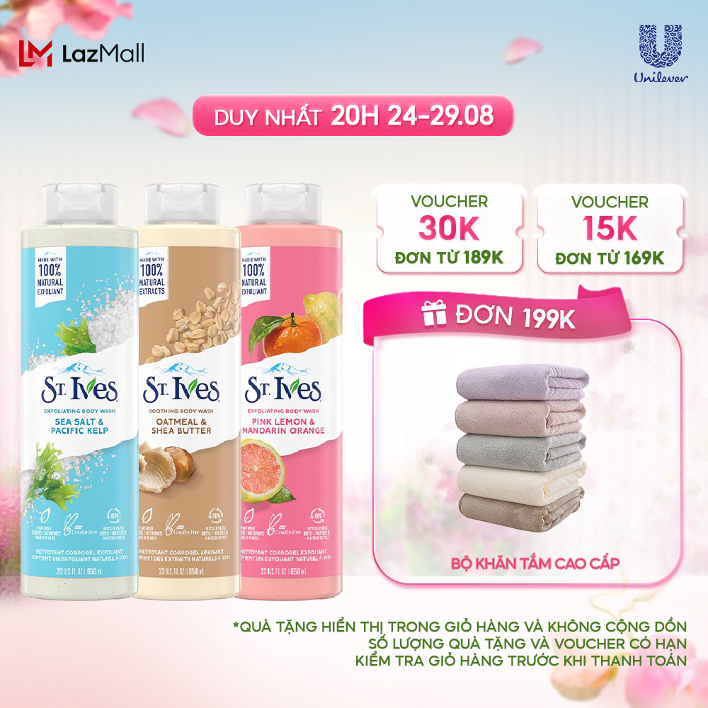 Sữa tắm dưỡng da St.Ives Muối Biển/Yến mạch và Bơ/Cam chanh/ Hoa Hồng và Lô Hội 650ml