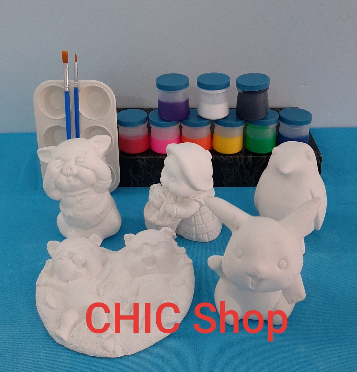 Bộ 05 tượng tô màu thạch cao size 10-15cm + 9 x 20ml màu + 2 cọ + 1 khay pha màu 6 lỗ