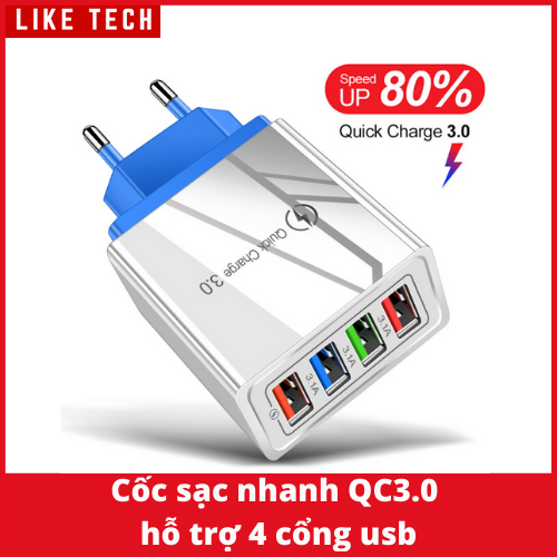 Củ Sạc Nhanh Chuẩn Qualcomm QC 3.0 (4 Cổng USB), Tích Hợp Chip Thông Minh An Toàn, Sạc Cùng Lúc 4 Thiết Bị, củ sạc iphone, cục sạc iphone, cốc sạc điện thoại, cục sạc nhanh 4 cổng usb, cục sạc Samsung, củ sạc ipad Samsung hoco xiaomi
