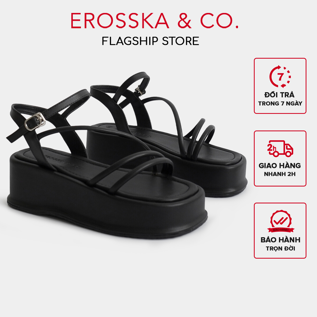Erosska - Giày sandal nữ đế xuồng phối dây quai mảnh kiểu dáng basic cao 6cm màu đen - SB015