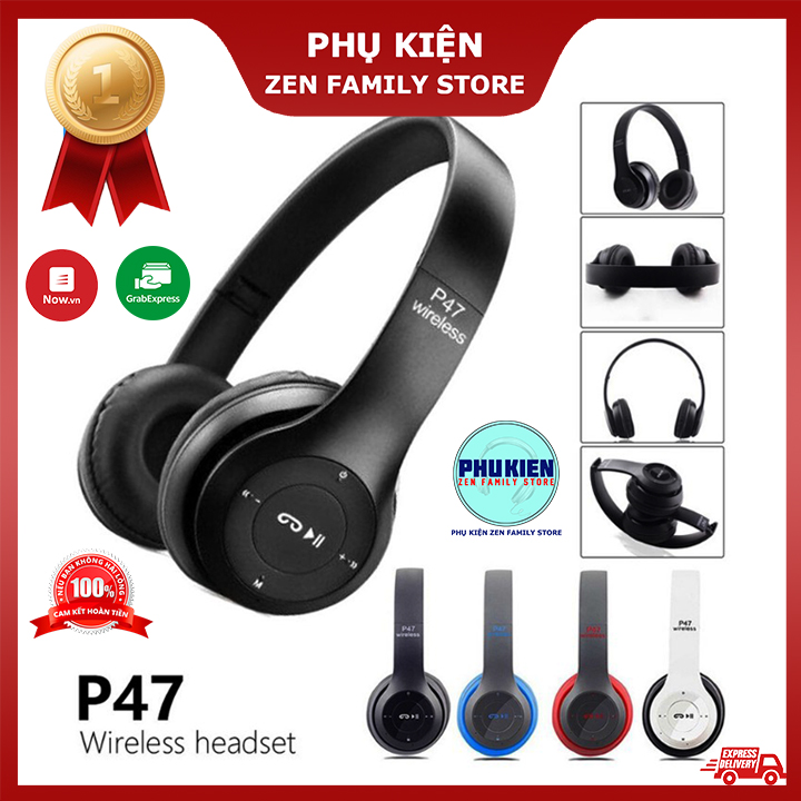 Tai nghe chụp tai bluetooth headphone không dây hàng chính hãng p47, có khe cắm thẻ nhớ, pin dài, âm thanh đỉnh cao