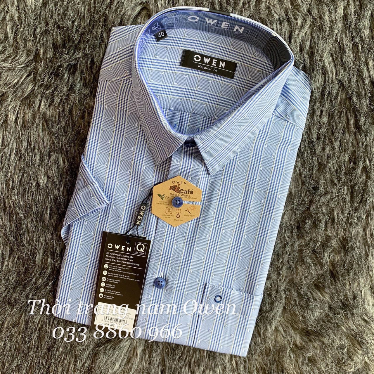 OWEN - Áo sơ mi ngắn tay Owen Regular fit chất cafe chống nhăn kẻ ca rô xanh 22726