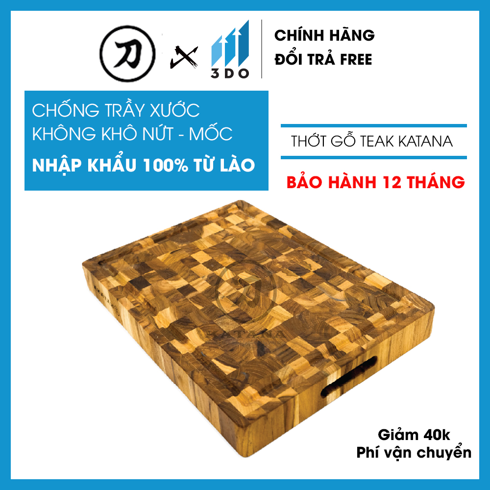 Thớt gỗ TEAK đẹp cao cấp KATANA KT04 thớt gỗ cứng không mùn cắt thái trang trí thịt hoặc trang trí bữa ăn thớt hình chữ nhật kích thước 38X250X350MM phân phối độc quyền tại 3Do, thớt, thớt gỗ, thớt inox 304, thớt gỗ nghiến