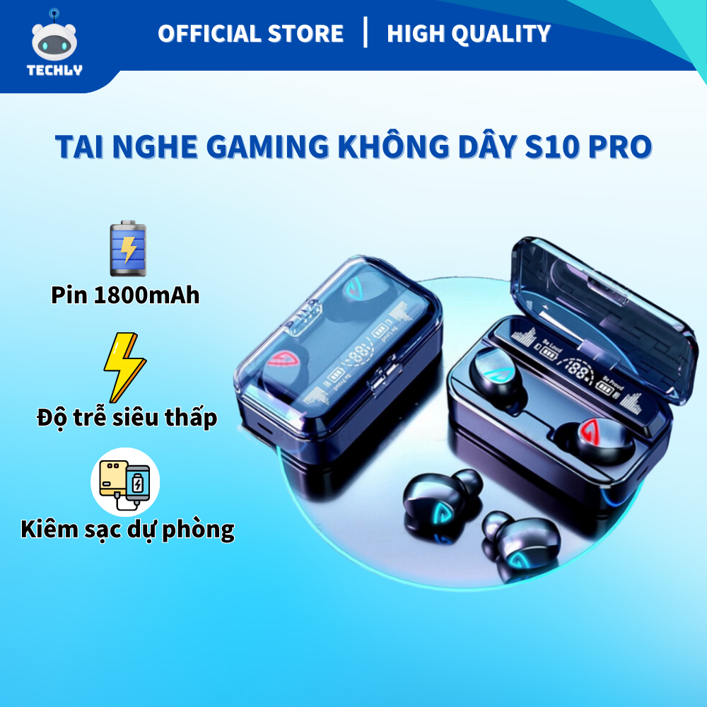 Tai Nghe Gaming Không Dây S10 Pro, Tai Nghe Bluetooth Nhét Tai Dung Lượng Pin Lớn 2500mAh, Nghe Nhạc Cực Hay Chơi Game Cực Đã, Kiêm Sạc Dự Phòng