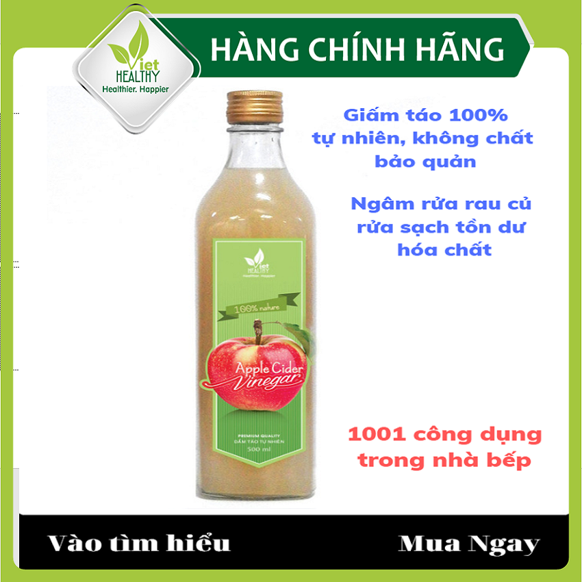 Giấm táo tự nhiên Viet Healthy 500ml- Dấm táo nguyên chất viethealthy có tác dụng rửa sạch tồn dư hóa chất, làm giảm ợ nóng trào ngược dạ dày, sỏi thận, ổn định đường huyết, giảm cân an toàn- Dấm táo VietHealthy tinh khiết, nguyên chất