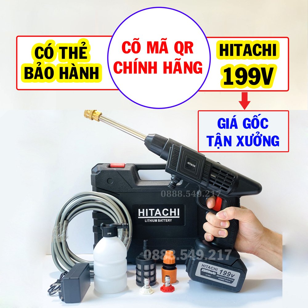 Miễn Phí Ship 5C - CÓ MÃ QR + Thẻ BH - Máy rửa xe piMáy rửa xe pin HITACHI 199V cực khỏe...Hàng lõi đồng cty chuẩn