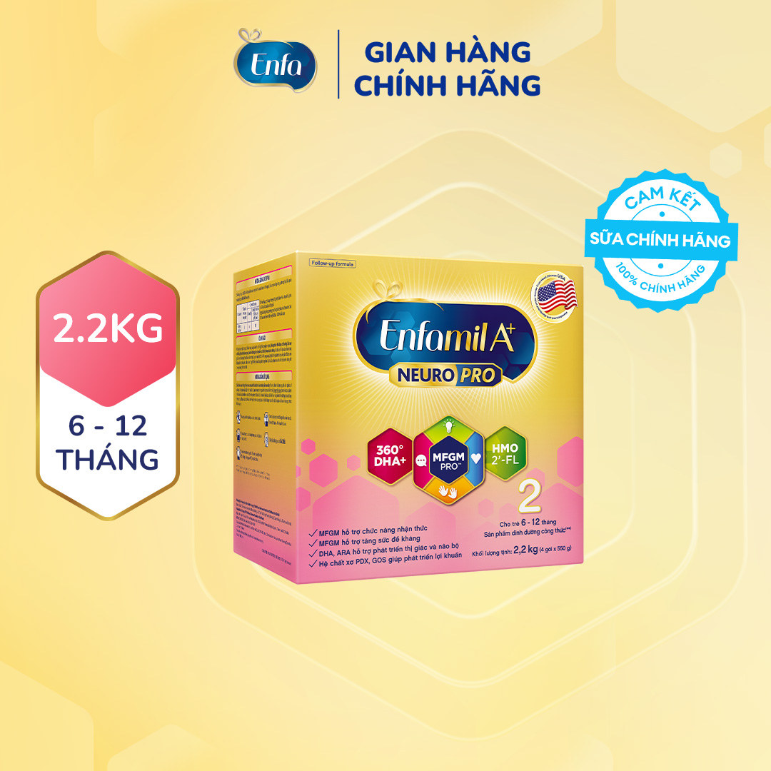 Sữa bột Enfamil A+ Neuropro 2 Vị thanh mát 2'FL HMO với dưỡng chất DHA  MFGM cho trẻ từ 6-12 tháng tuổi-2.2kg
