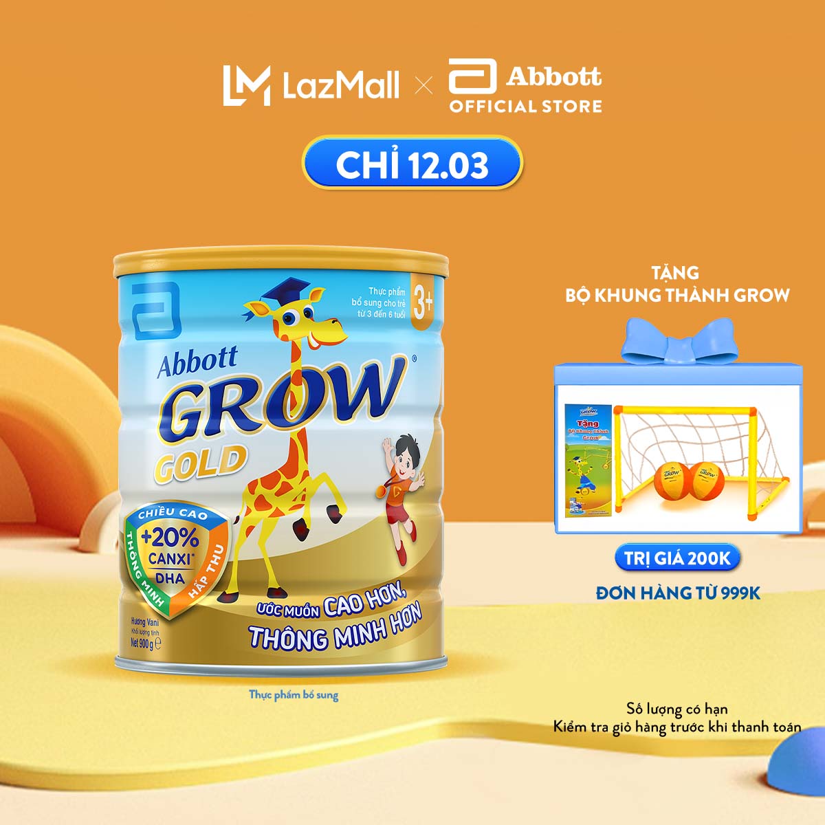 CHỈ 12.3 TẶNG BỘ KHUNG THÀNH CHO ĐH 999K SLCH Lon sữa bột Abbott Grow 3 900g