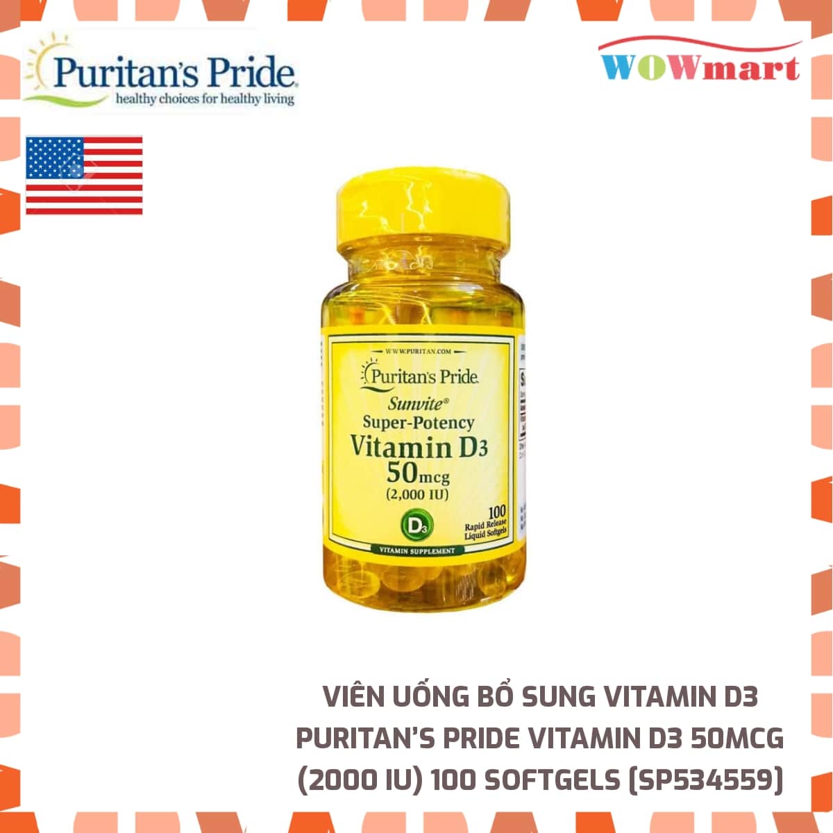 Viên uống bổ sung Vitamin D3 Puritan’s Pride Vitamin D3 50mcg 100 Softgels