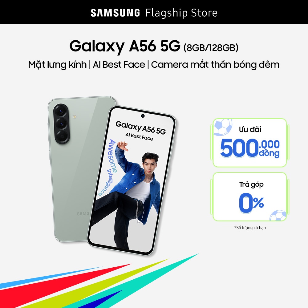 [SIÊU SALE GIỮA NĂM 20H 5-8.6] Điện thoại Samsung Galaxy A56 5G, Màn Hình FHD 6.7”, Mặt lưng kính, AI-Best Face, Camera giảm nhiễu ảnh chụp đêm, Sạc 45W