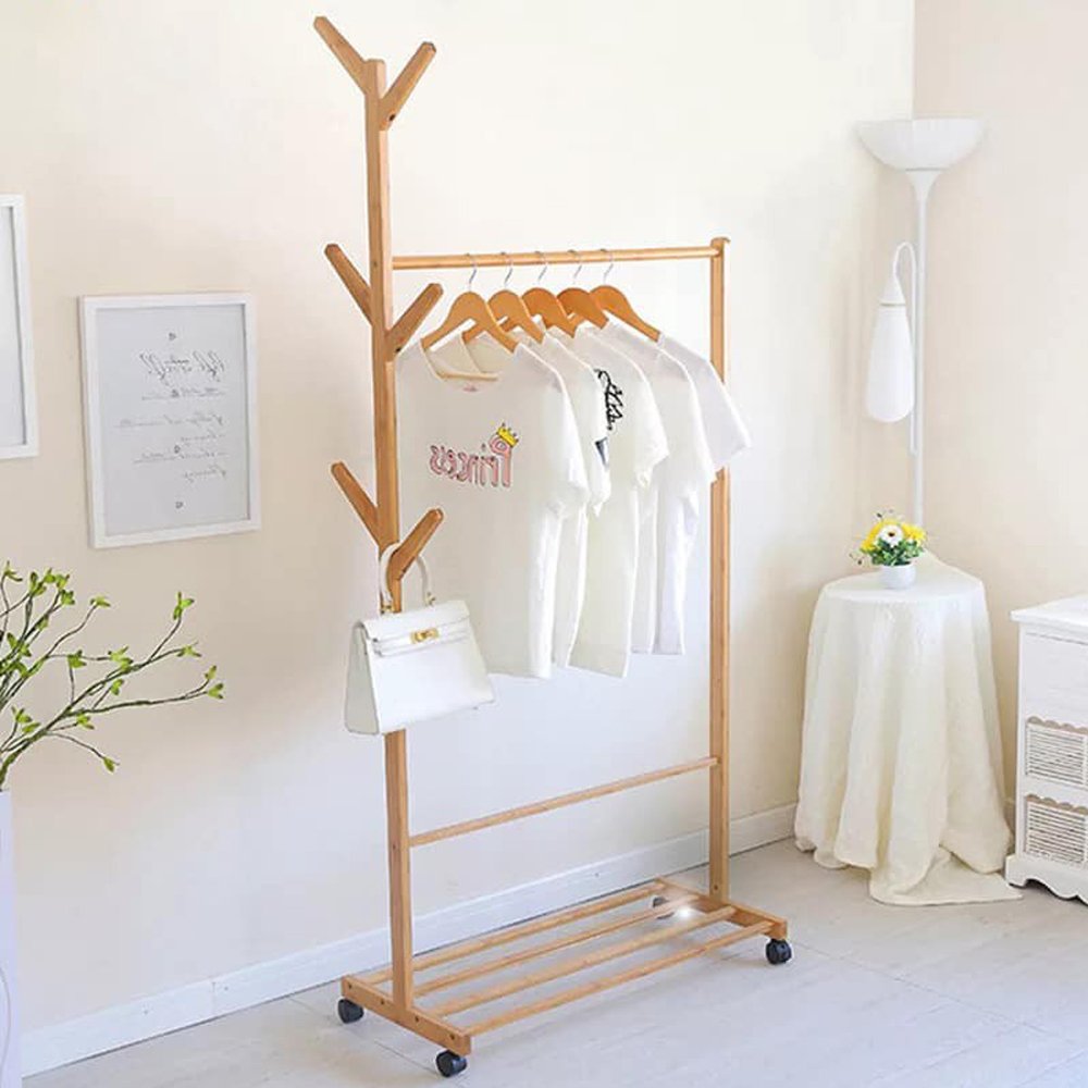 GIÁ TREO QUẦN ÁO THÔNG MINH Giàn treo đồ bằng GỖ bóng có bánh xe di động tiện lợi đa năng tiện lợi