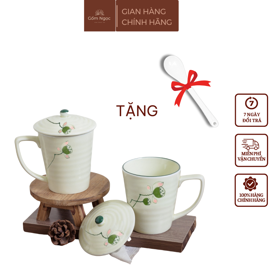 Cốc uống nước cốc uống trà có nắp họa tiết vẽ tay ly Gốm Sứ Bát Tràng