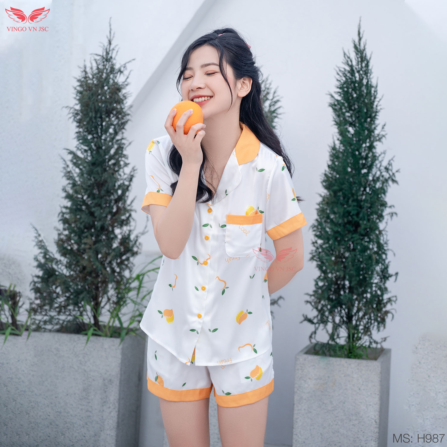 Đồ bộ nữ pijama mặc nhà lụa Pháp Vingo tay ngắn quần đùi dáng suông TCQC H987 VNGO