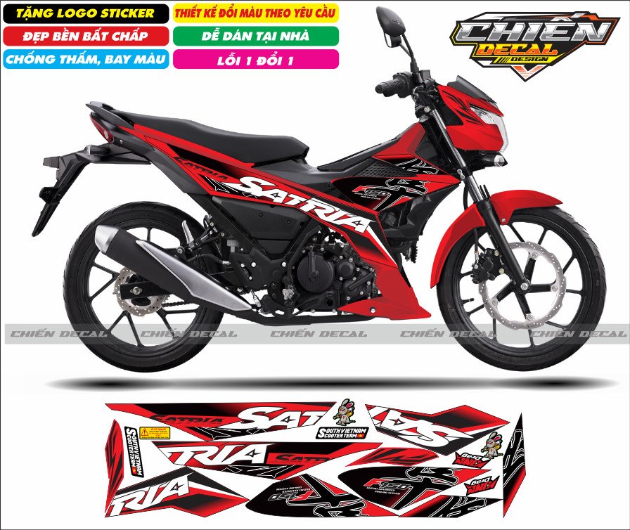 Tem rời xe satria - raider F150 mẫu tem chế xe đỏ chữ hayabusa