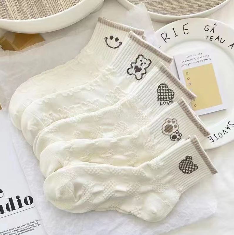 Set 5 đôi tất vớ nữ cao cổ mix gấu caro