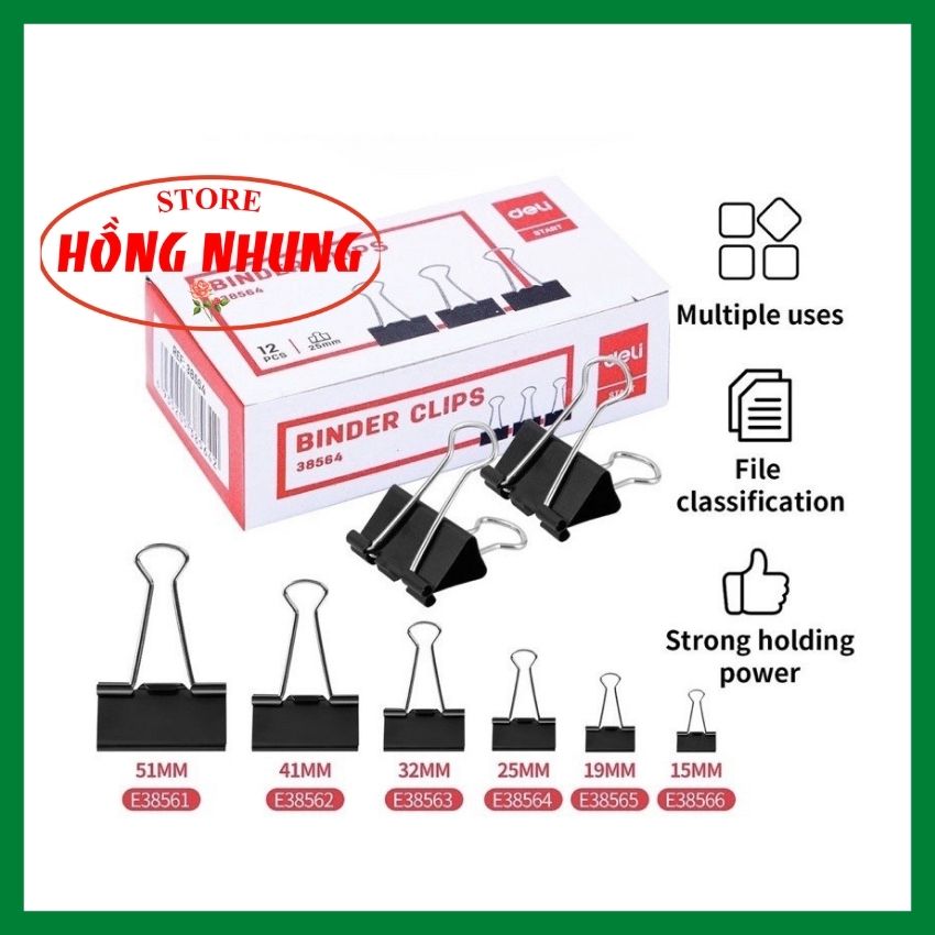 Combo 1 hộp lớn kẹp bướm deli loại 15mm;19mm; 25mm; 1 hộp nhỏ = 12 cái
