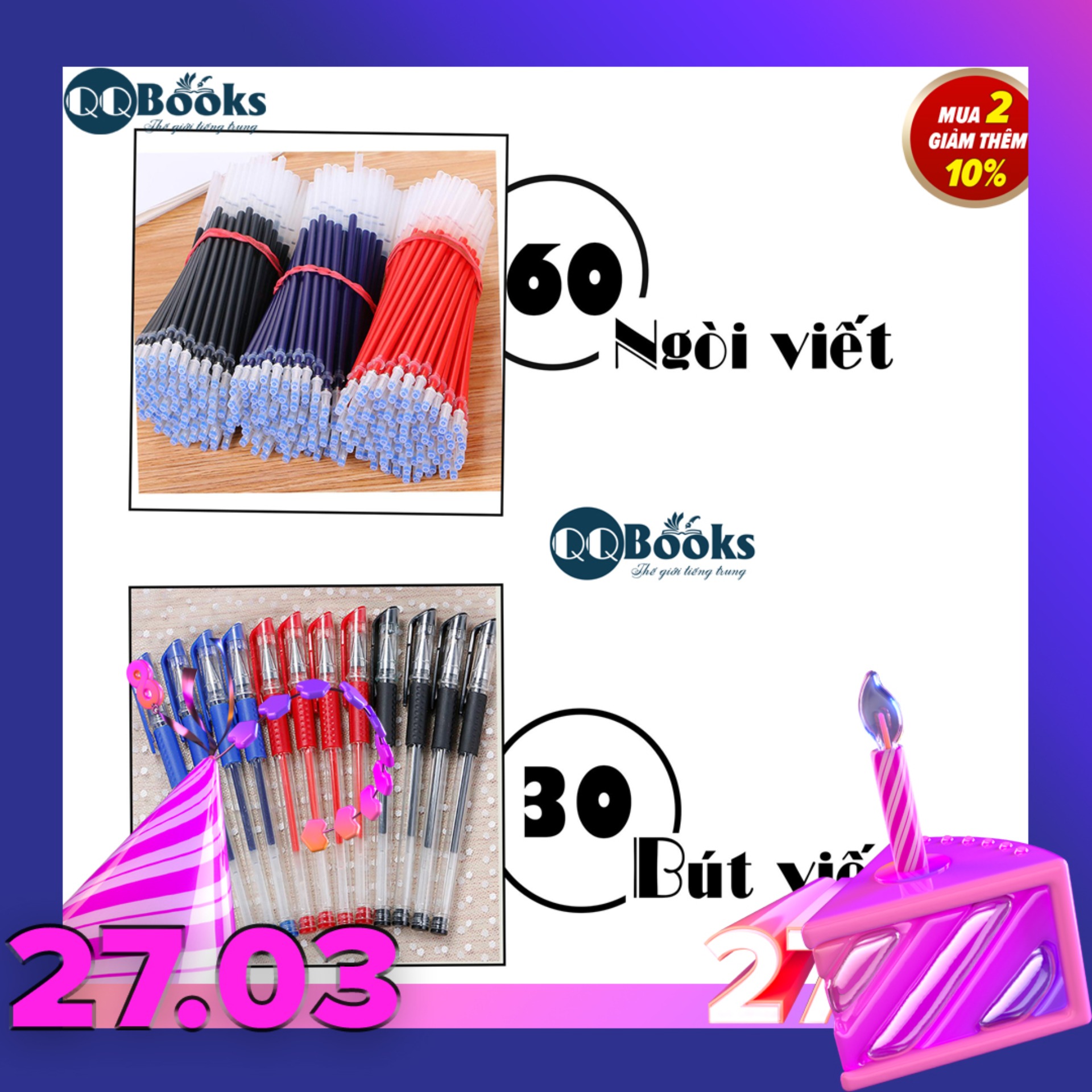 Combo 30 Bút Mực Nước Gel + 60 Ruột Ngòi Viết đủ màu Xanh, Đỏ, Đen, Bút nước học sinh, luyện viết chữ đẹp