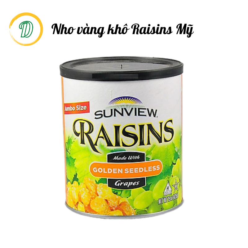 Nho khô vàng ngon nhập khẩu Mỹ Raisins Sunview, lon 425g Date mới.