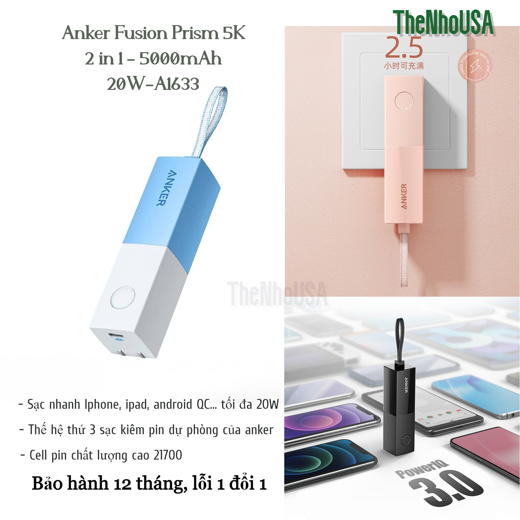 Pin sạc dự phòng 2 in 1 Anker Powercore Fusion Prism 5K 5.000 - 20W - A1633 [BH 12T]