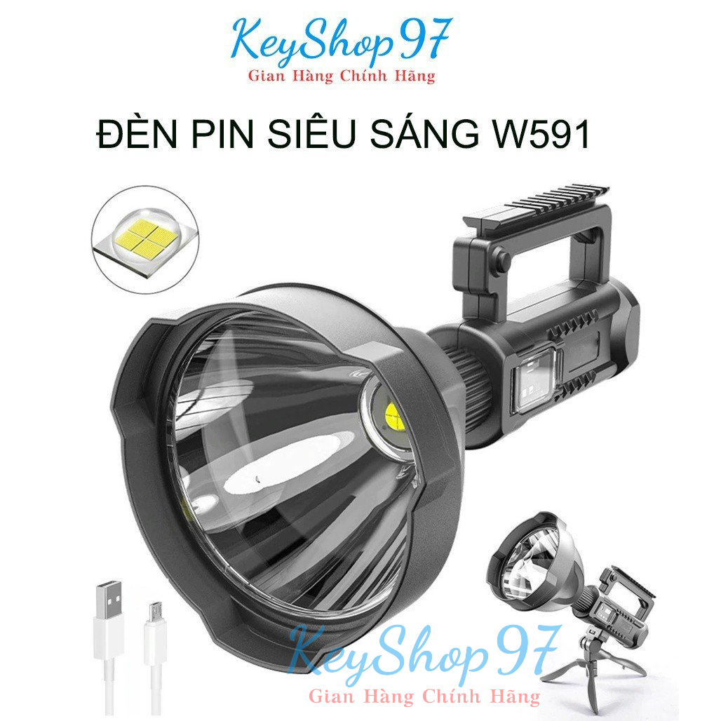 Đèn pin siêu sáng W591 chiếu xa trên 500m, có chân đế chống nước, pin cực trâu - Bảo hành 12 tháng