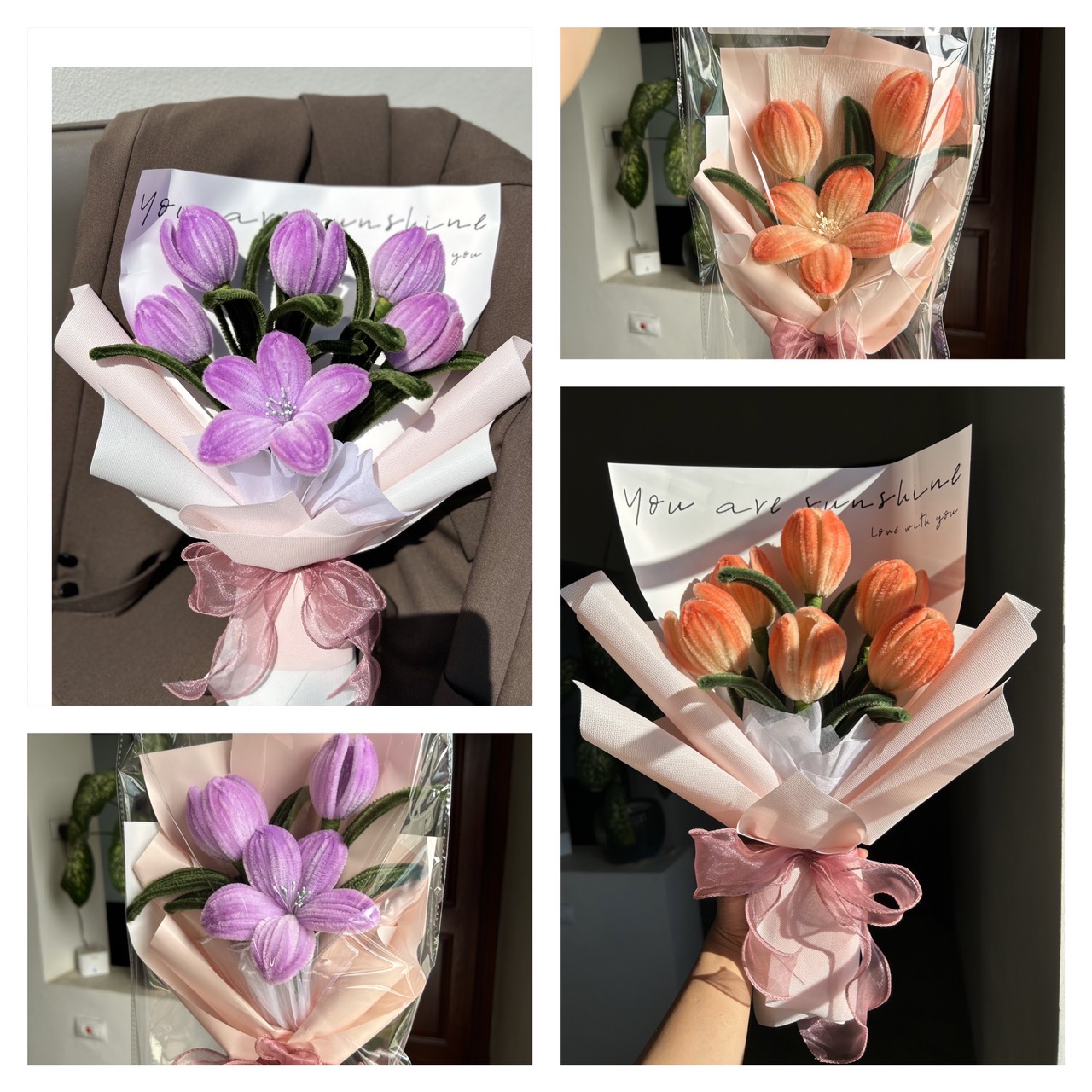 Hoa kẽm nhung bó sẵn, hoa tuylip kẽm nhung hoàn chỉnh