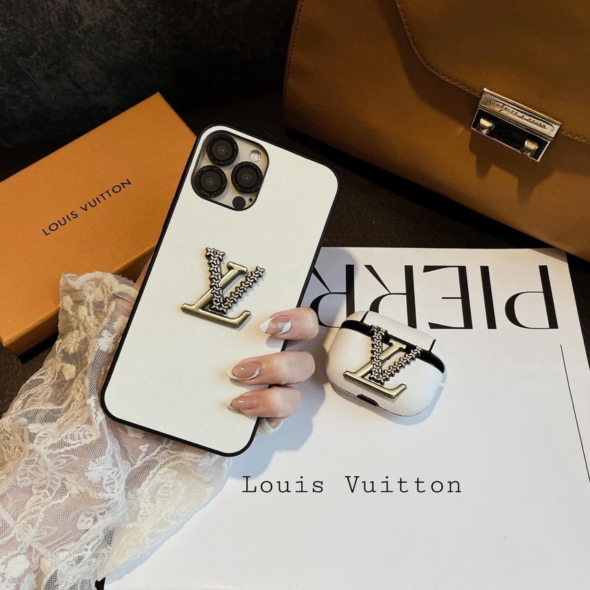 Ốp lưng ip, ốp lưng da đính logo lv mạ vàng cho ip x xs max 11 12 13 14 pro max
