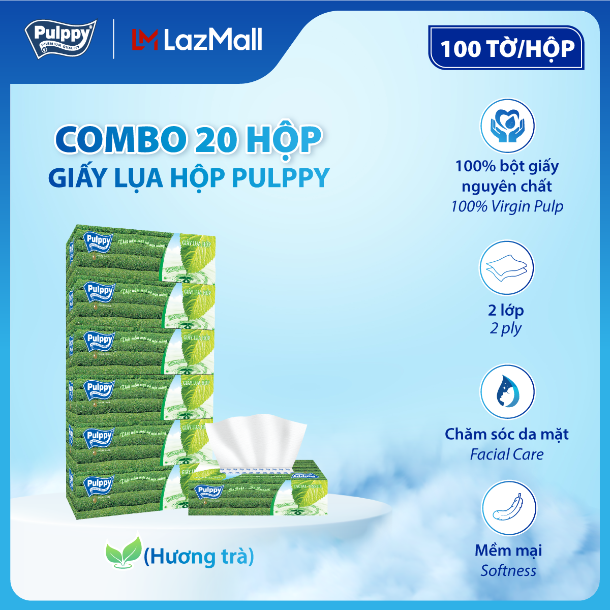 [VOUCHER 15%] Combo 20 Giấy Lụa Hộp Pulppy Hương Trà 100 Tờ