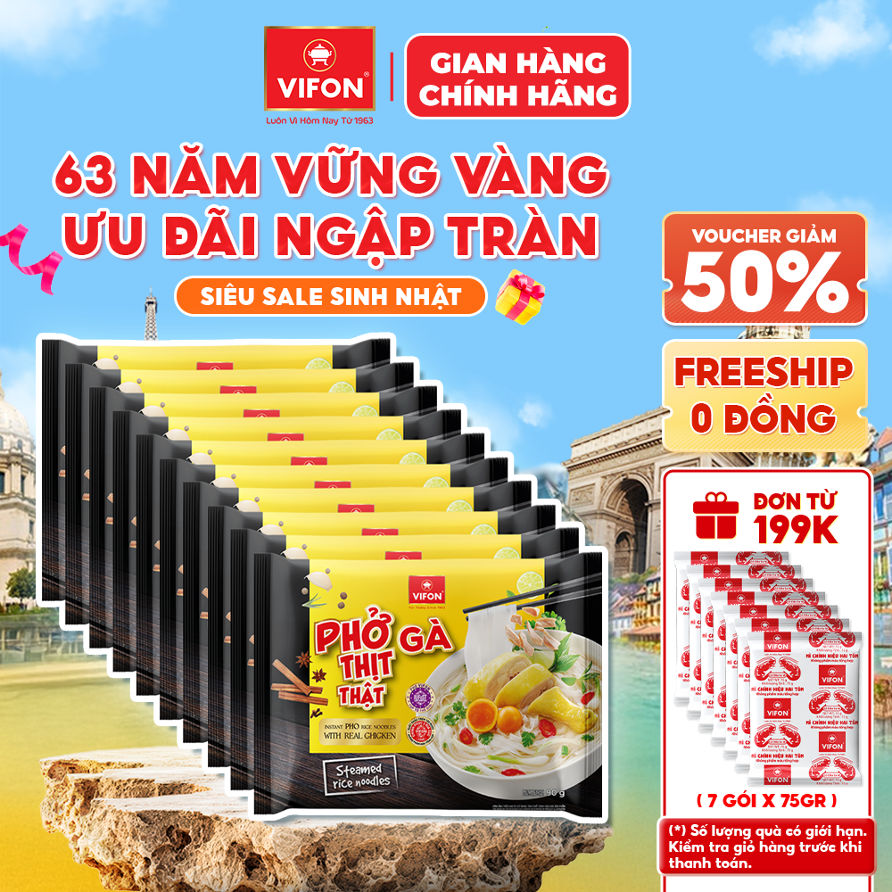 [Voucher 28% đơn từ 400K] Set 10 Gói Phở Gà/ Bò Thịt Thật VIFON 90g
