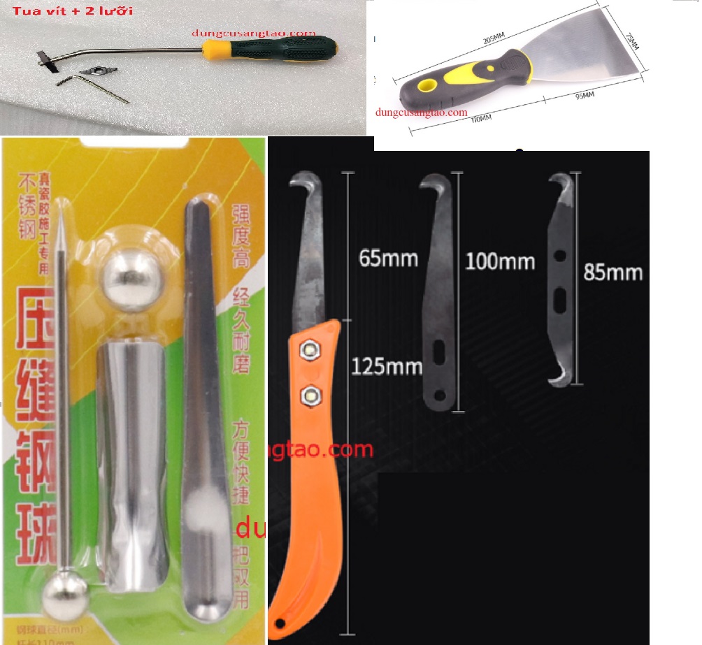 Combo xử lý ron gạch gồm tua vít cạo ron, dao móc ron, dao trét ron D75mm và bộ chà ron mini