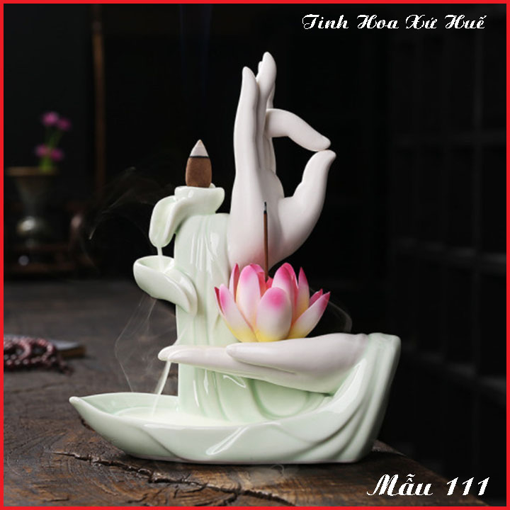 Thác khói hương trầm Tân Nguyên, thác khói nụ trầm hương, thác khói trầm hương hoa sen bàn tay Phật cao cấp 21cm