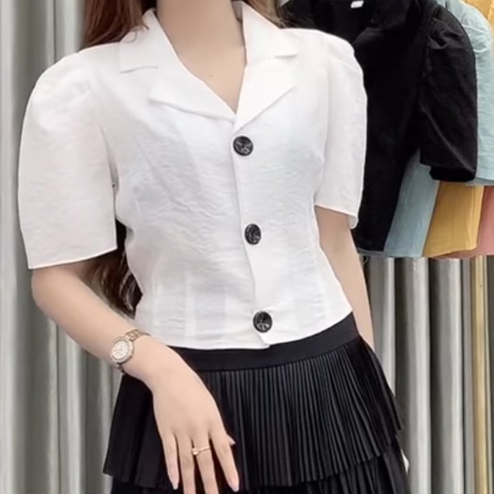 Áo Kiểu Chất Đũi Cổ Vest Croptop Hàn Quốc Tay Phồng Công Sở (  KÈM QUÀ TẶNG NGẪU NHIÊN )