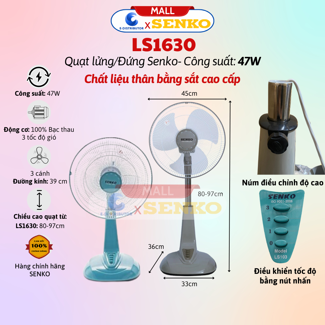 Quạt lửng ống sắt senko ls1630 - công suất 47w - hàng chính hãng - bảo hành 24 tháng