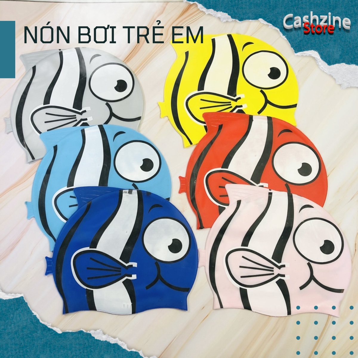 Nón bơi trẻ em, nón bơi cho bé chất silicon chống thấm nước co giãn tốt hình cá cho bé thoải mái bơi lội - CASHZINESHOP