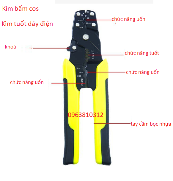 Kềm tuốt dây điện 8inch, kìm bấm cos đa năng