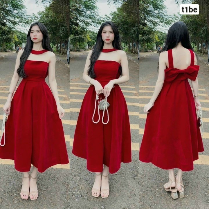 Váy đầm nữ đầm nữ nhung kiểu thắt nơ sau siêu xinh