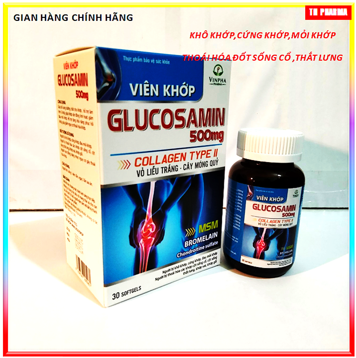 Viên khớp Glucosamin 500mg Collagen Type II, Vỏ Liễu Trắng, Cây Móng Quỷ, Hỗ trợ làm trơn ổ khớp, giúp giảm đau mỏi khớp, giảm thoái hóa khớp, hỗ trợ tăng khả năng phục hồi khớp, TH PHARMA
