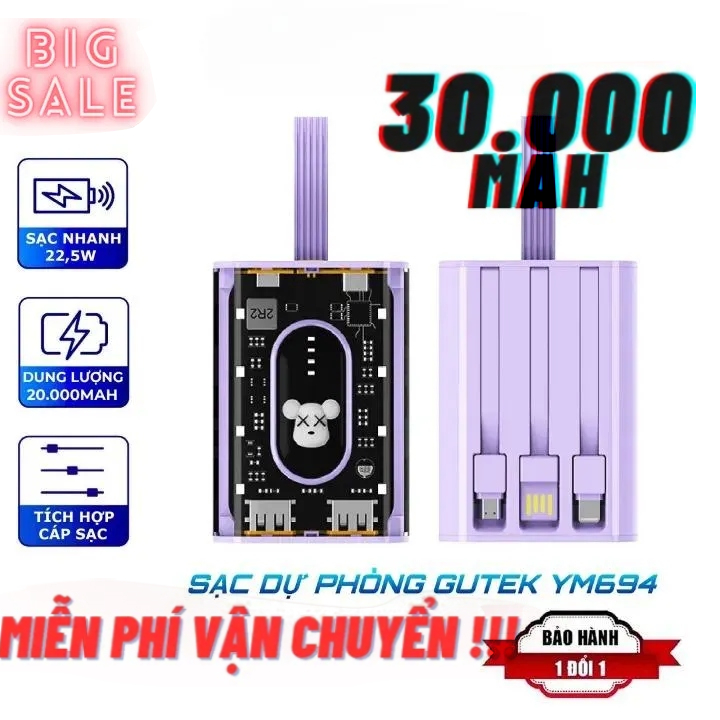30000mAh  dung lượng lớn trong suốt tích hợp dây sạc nhanh cho nhiều thiết bị