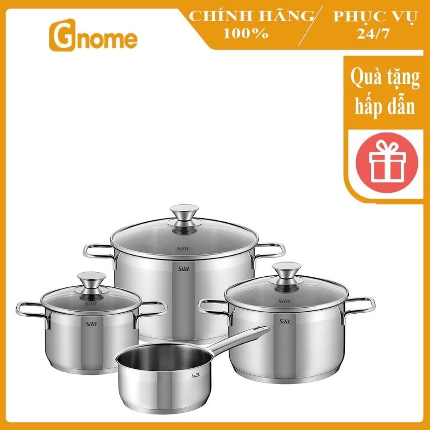 Bộ nồi Silit Pisa 4 món nhập khẩu 100% tại Đức chất liệu thép không gỉ 18/10 sáng bóng bền đẹp, hấp thu nhiệt nhanh tản nhiệt đều dùng được cho mọi loại bếp