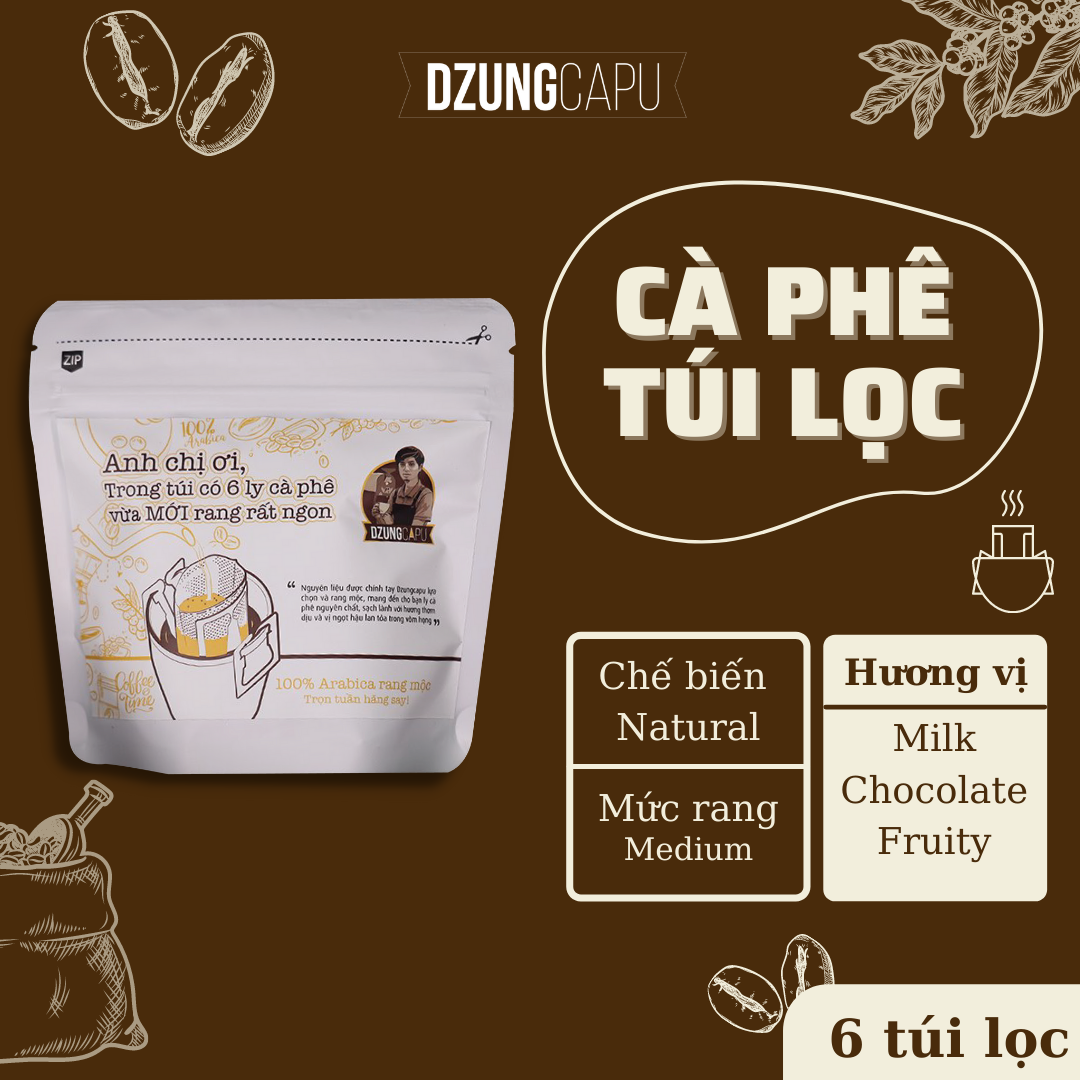 Cà phê túi lọc phin giấy Arabica Cầu Đất - Gói 6 túi - DzungCapu cà phê specialty