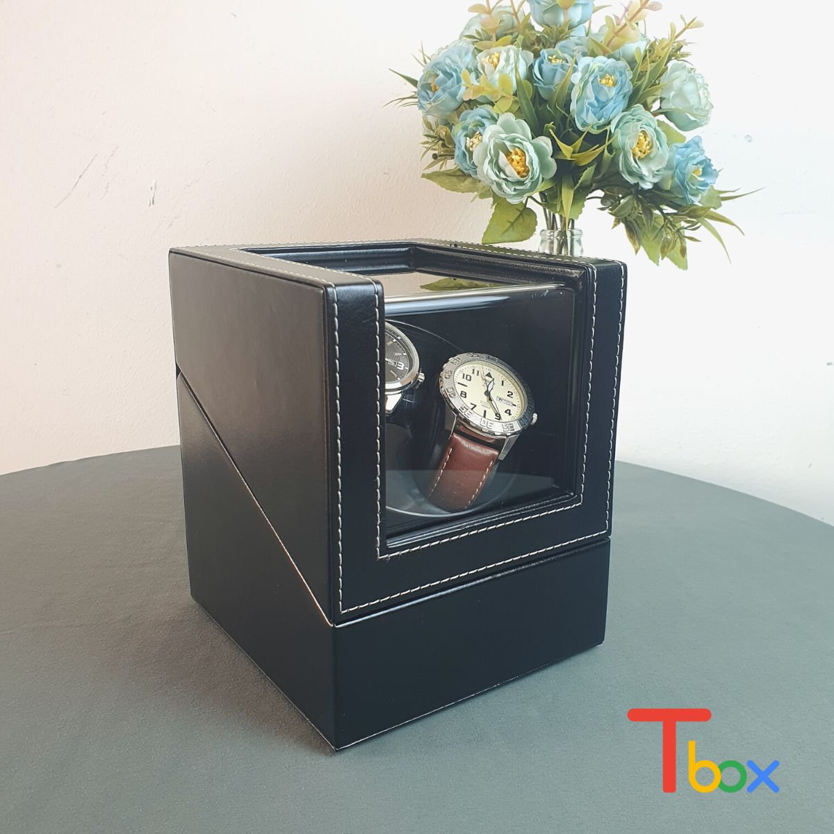 Hộp xoay đồng hồ cơ. hộp đựng đồng hồ chiếc lên cót cho 2 chiếc đồng hồ cơ bằng da đen sang trọng.