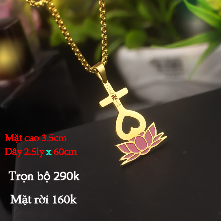 Dây chuyền titan mạ vàng thiên tâm đế sen màu hồng bu#122 - bolt unicolour betta
