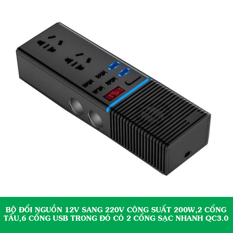 Bộ Chuyển Đổi Điện 12V Sang 220V 6 Chân Cắm USB Trong Đó Có 2 Cổng Sạc Nhanh QC3.0 , 2 Cổng Cắm Tẩu