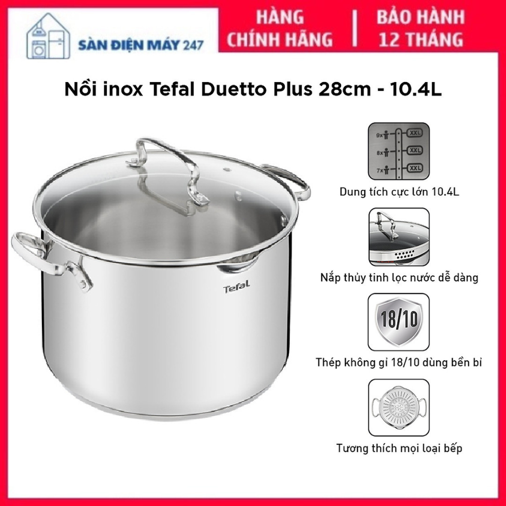 Nồi luộc gà inox tefal duetto plus g7196455, 28cm, dung tích 10.4l, hàng chính hãng, bảo hành 24 tháng.
