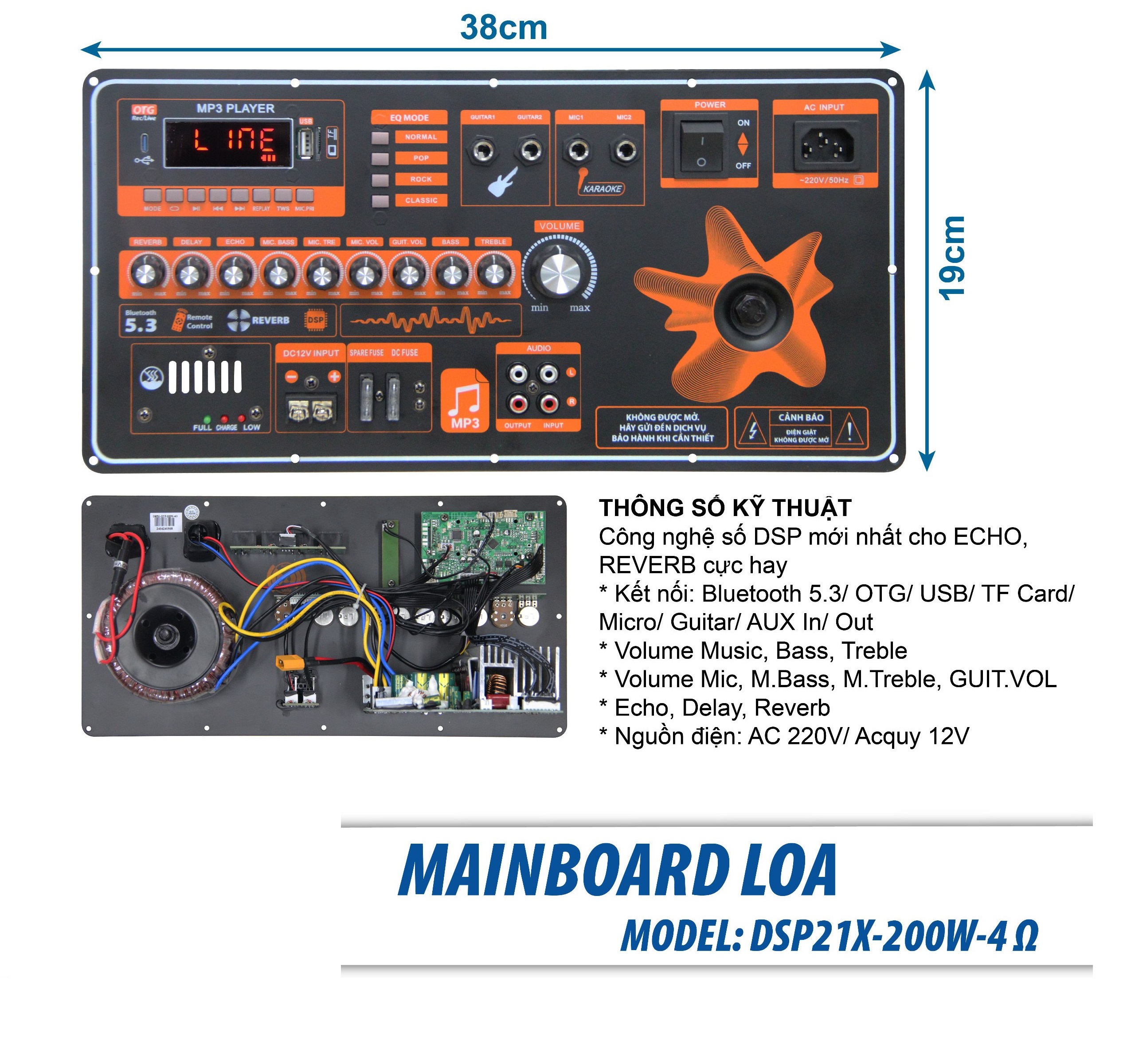 Bo Mạch Loa Kéo Nguồn Xuyến đánh 2 Bass 40, 5 Tấc đơn Mạnh Mẽ có Echo Reverb DSP21, kích thước 19 * 38