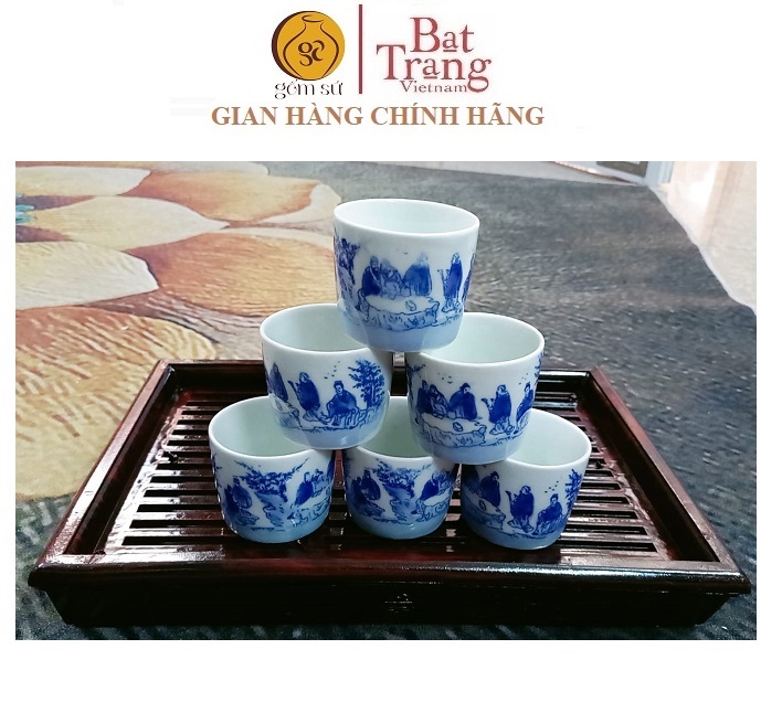 Bộ 6 cốc men lam Bát Tràng uống trà xanh