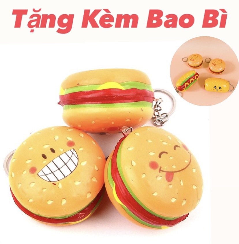 Squishy bánh burger mini có móc khóa và tặng kèm bao bì