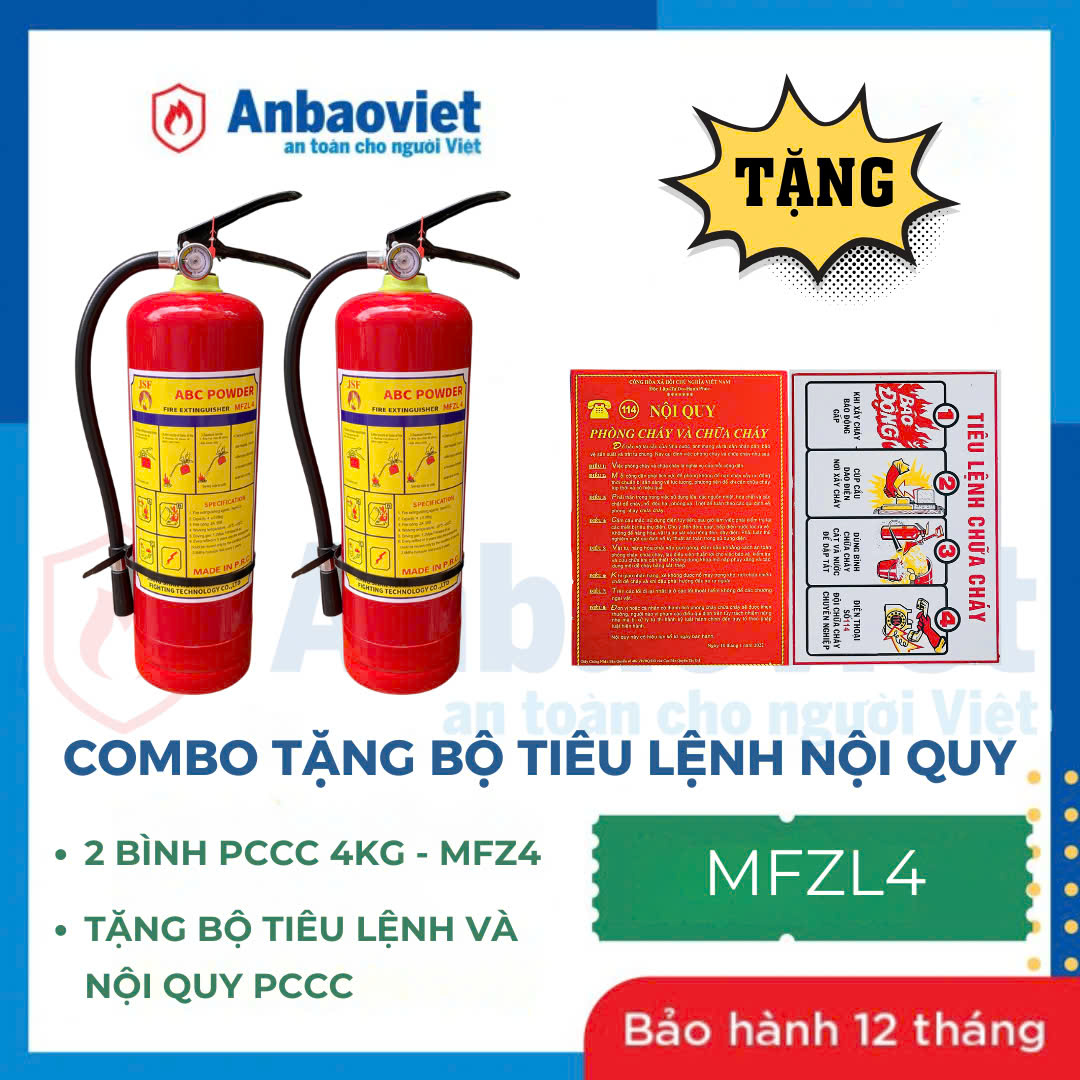 Combo 02 bình chữa cháy bột ABC 4kg, tặng bộ Tiêu lệnh nội quy phù hợp cho cửa hàng, quán ăn, văn phòng