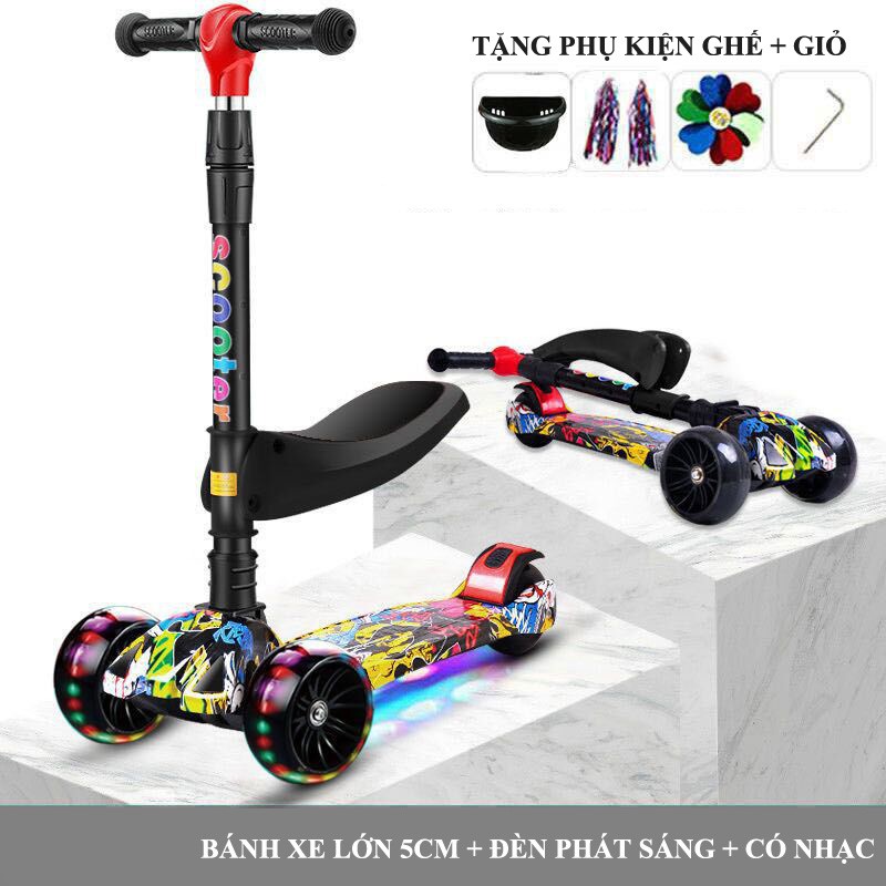 Xe trượt scooter cho bé GRAFFITI 3 bánh xe lớn có đèn nhạc phù hợp bé từ 2-14 tuổi (Tặng ghế ngồi + full phụ kện)