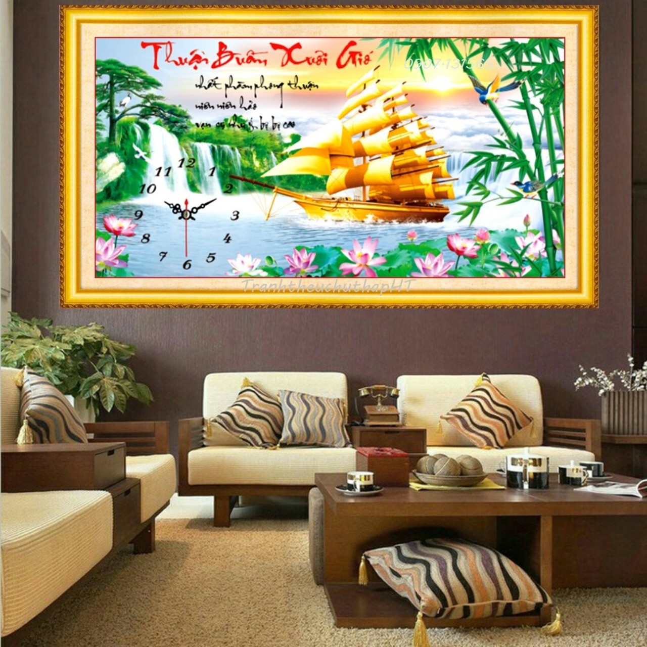 Tranh thêu 3D Đồng hồ thuận buồm xuôi gió 75x43cm - chưa thêu